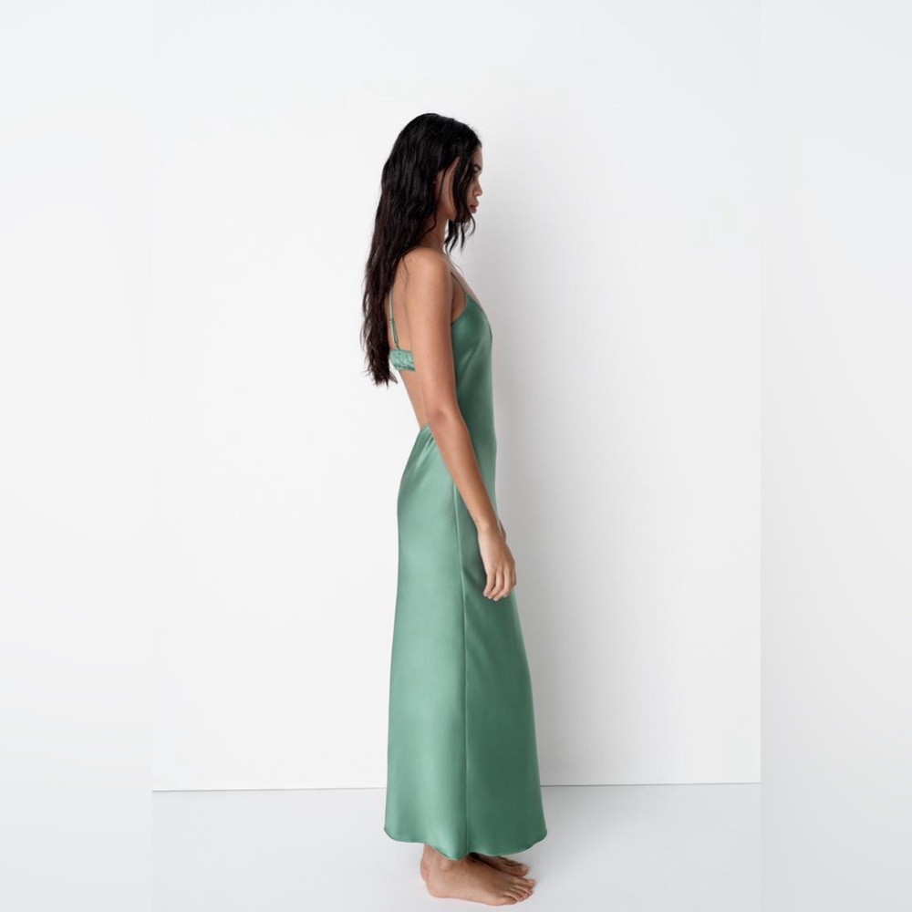 Zara Emerald Green Maxi Dress Satin Slip Wedding Evening Party - Picture 9 of 13